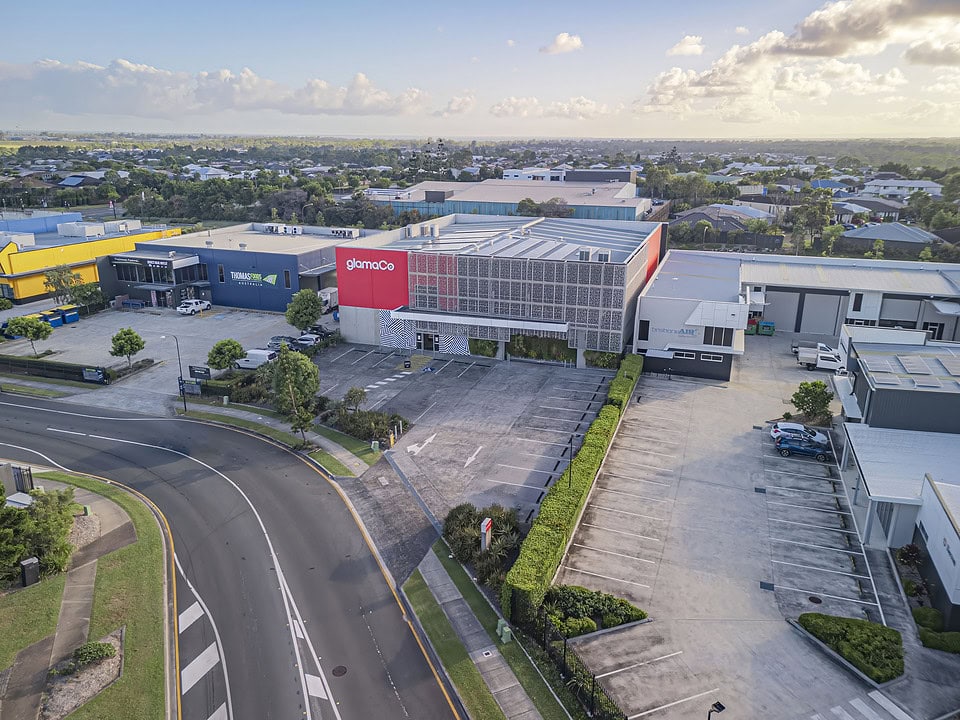 Aerial overview of GlamaCo retail store location within shopping precinct in Queensland.