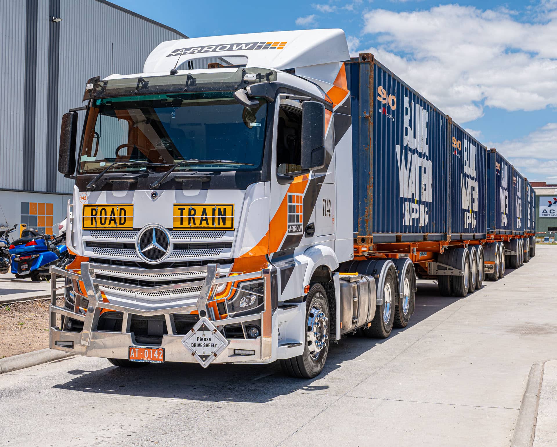 Arrow Transport triple trailer prime mover during live compliance demonstration near Port of Brisbane.