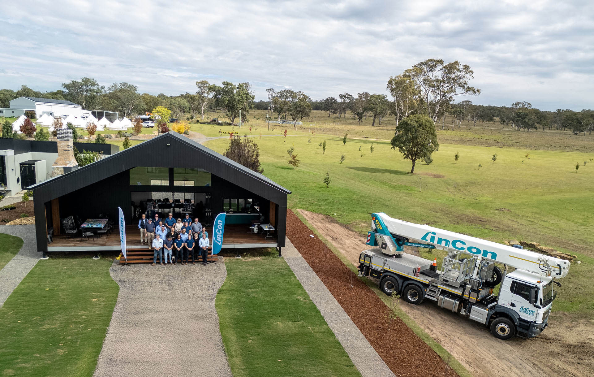 Aerial drone overview of remote Queensland venue during LinCon national management conference.