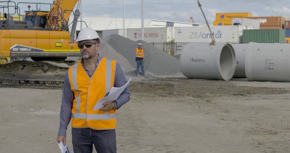 construction videography Brisbane filming live construction site at Port of Brisbane with crew and machinery