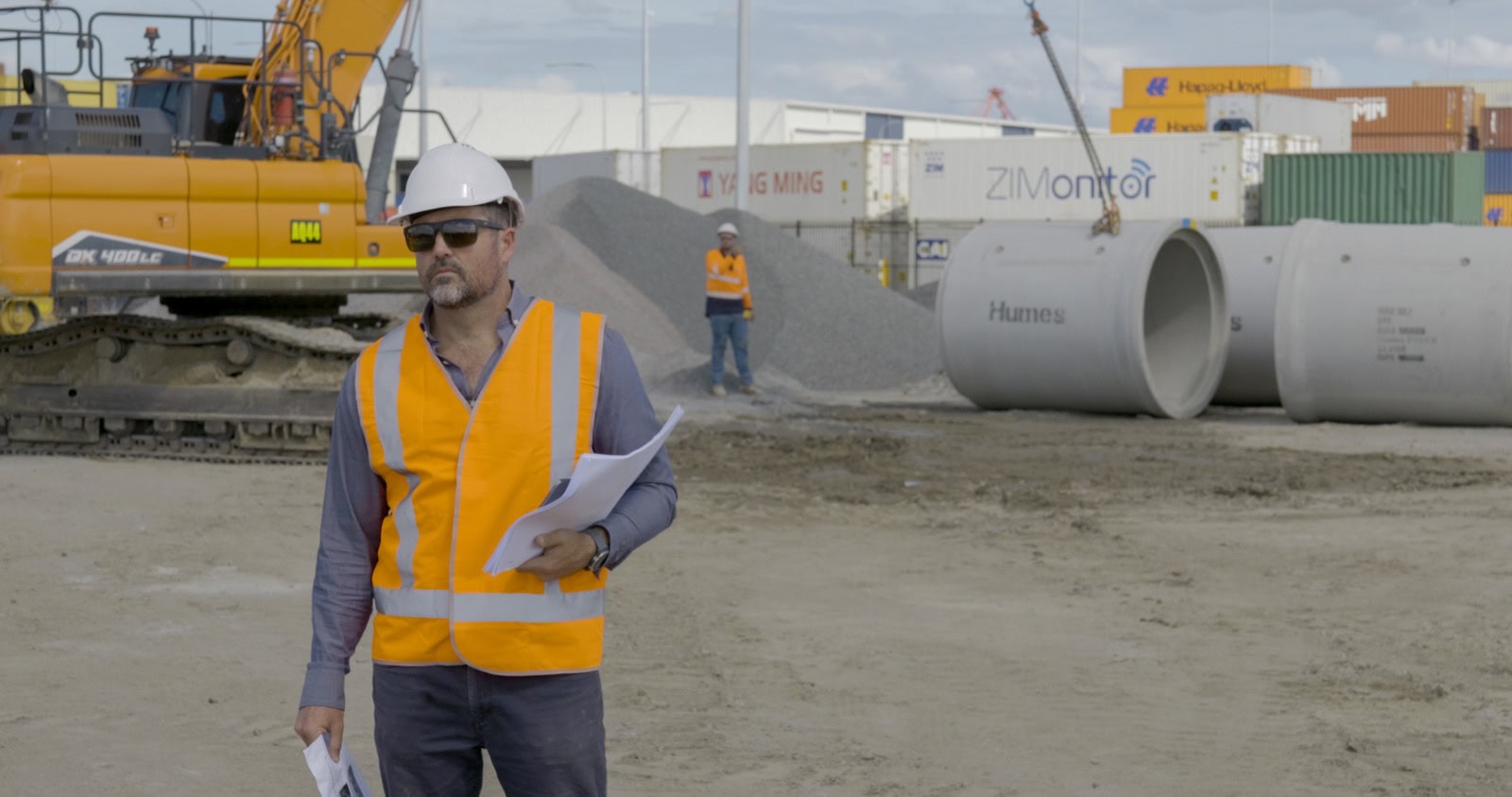construction videography Brisbane filming live construction site at Port of Brisbane with crew and machinery