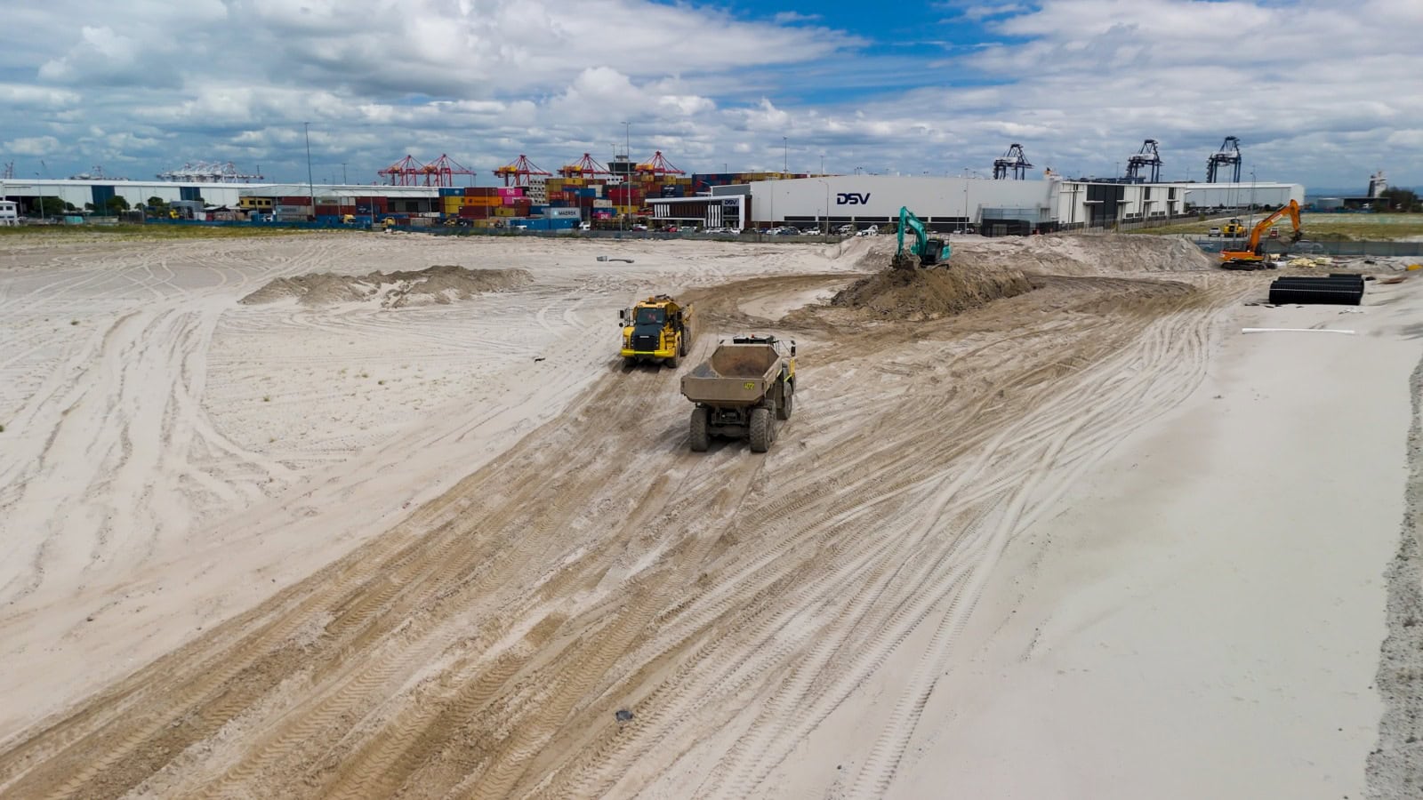 construction videography Brisbane aerial drone footage showing large scale site at Port of Brisbane