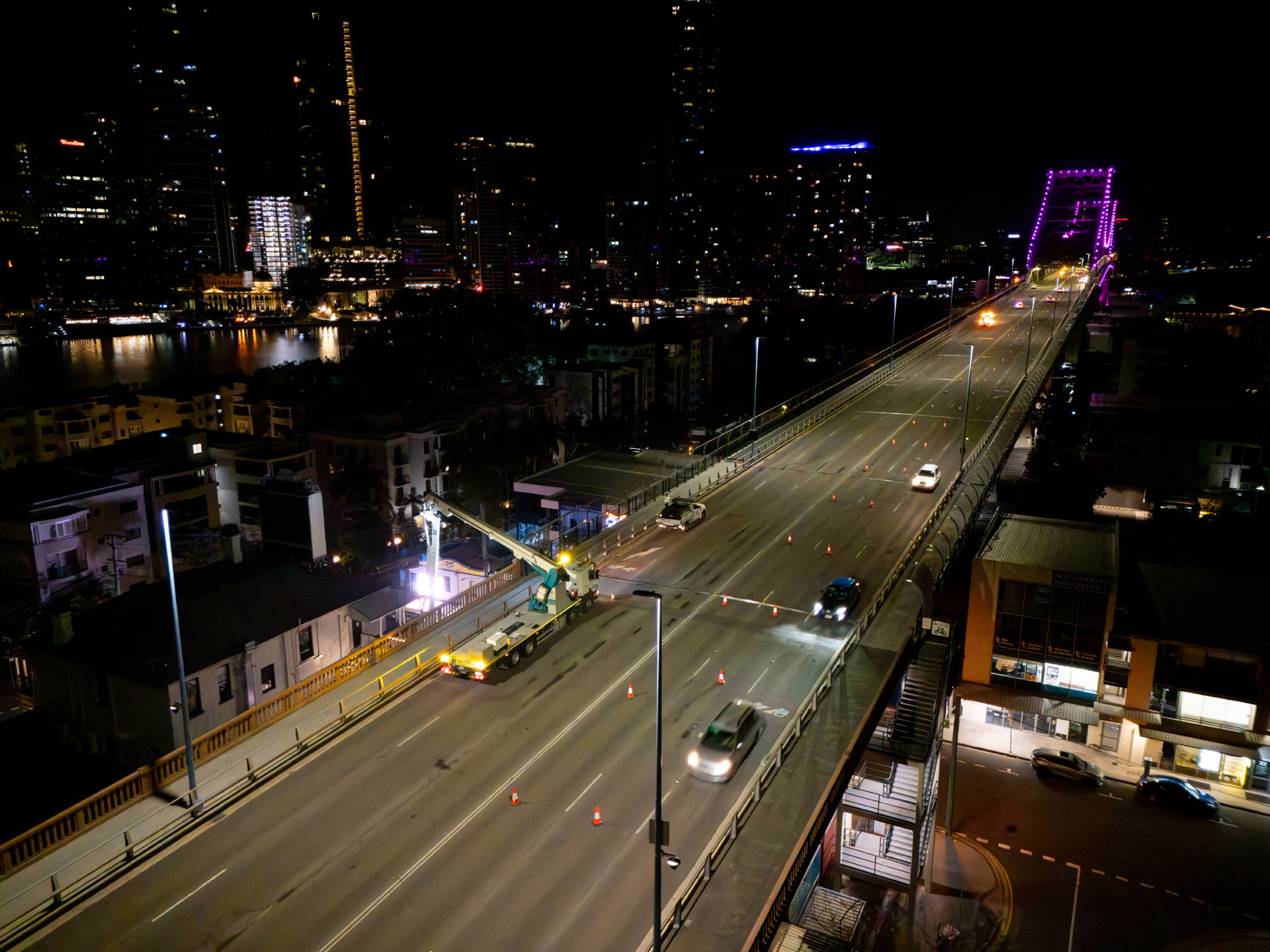 Night drone photography in Brisbane capturing road and infrastructure works