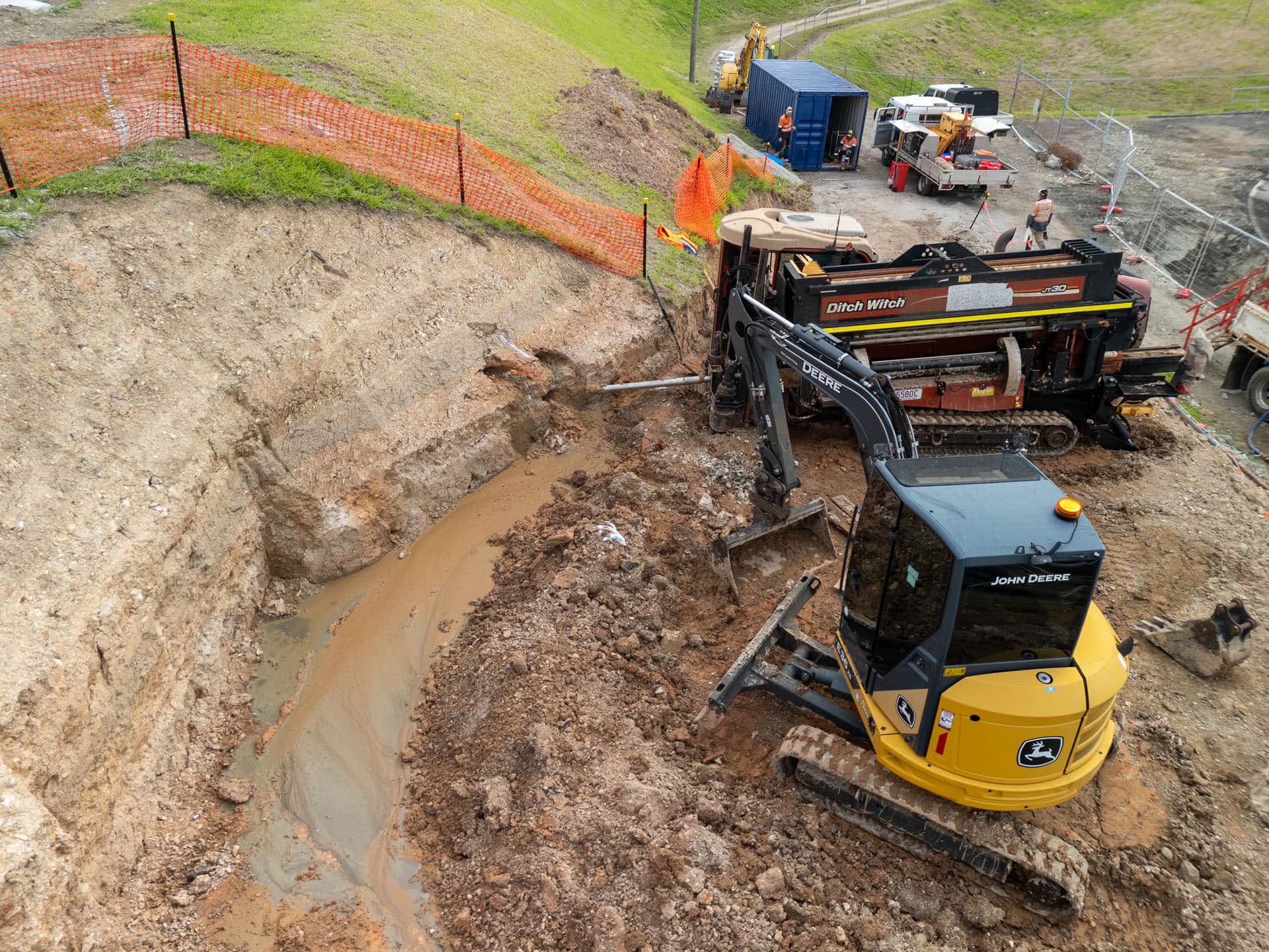 Drone photography Mount Cotton showing Plumbrite's directional drilling excavation and machinery at the Golden Cockerel site, Queensland